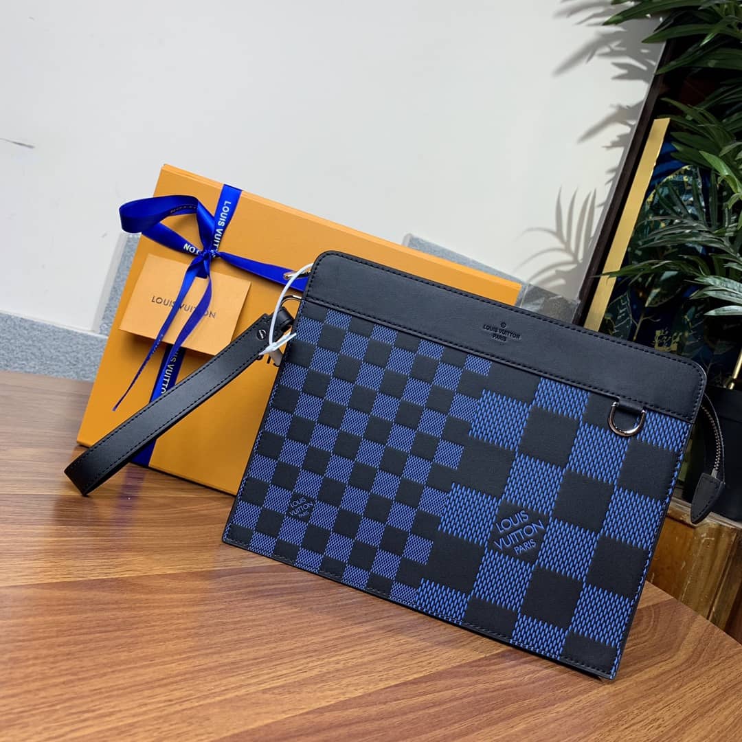 L0vis Vvtt0n Damier Infini 3D Cowhide Leather Standing Pouch Replica Blue N60449