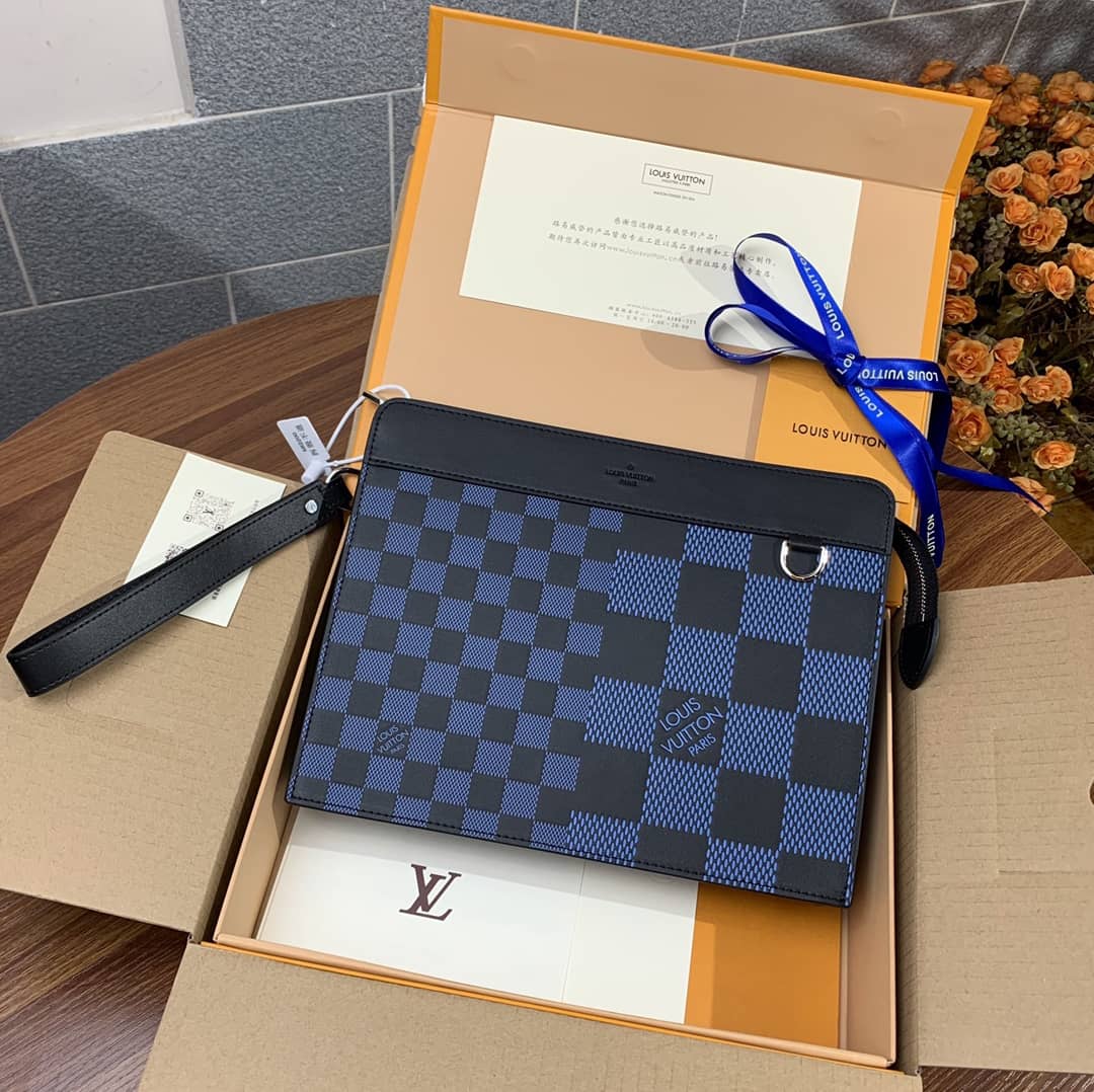 L0vis Vvtt0n Damier Infini 3D Cowhide Leather Standing Pouch Replica Blue N60449