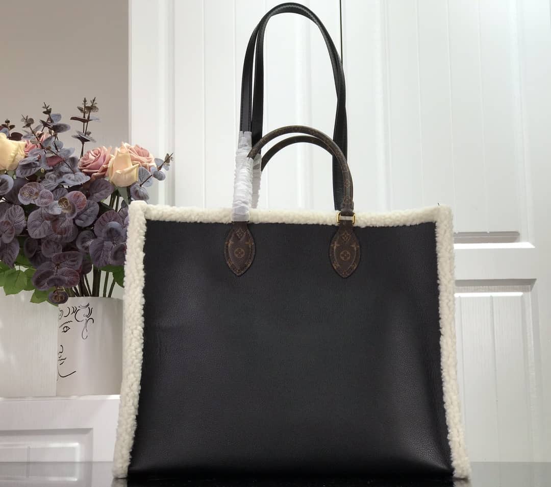 L0vis Vvtt0n Onthego GM Leather Shearling Bag Black Replica M56958
