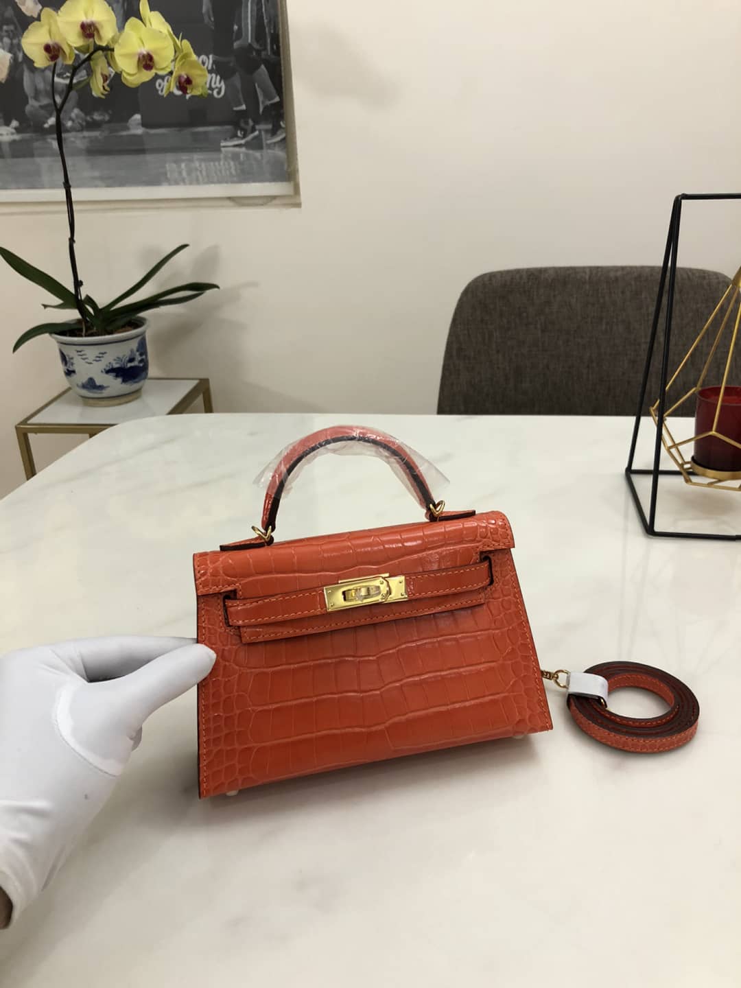 H**me5 Kelly Dupe Mini19CM Crocodile Shiny Replica Bag
