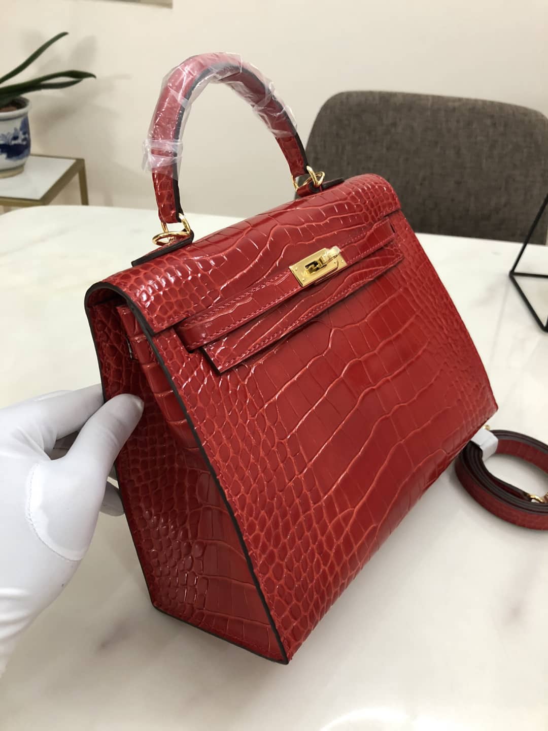 H**me5 Kelly Dupe 25CM Crocodile Shiny Replica Bag