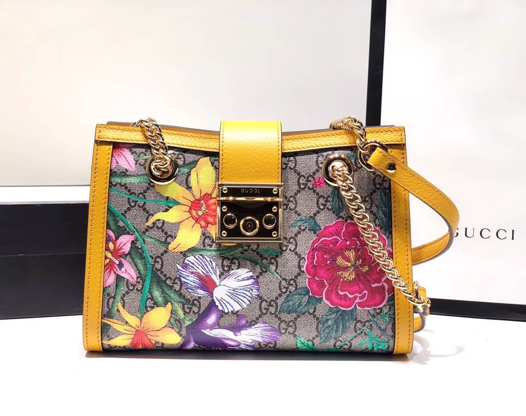Gvc*1 Padlock Small GG Svp*me Canvas Shoulder Bag Replica Yellow 498156