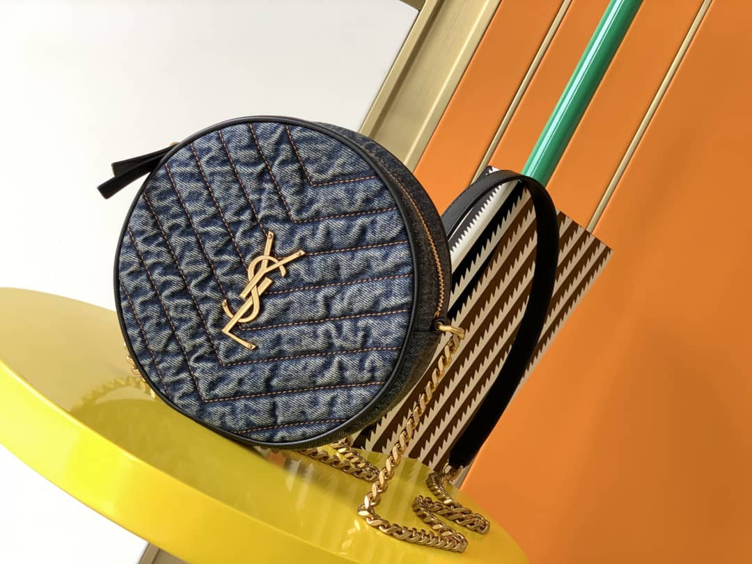 Sa1nt Lau*nt Y51 Vinyle Denim Quilted Round Bag