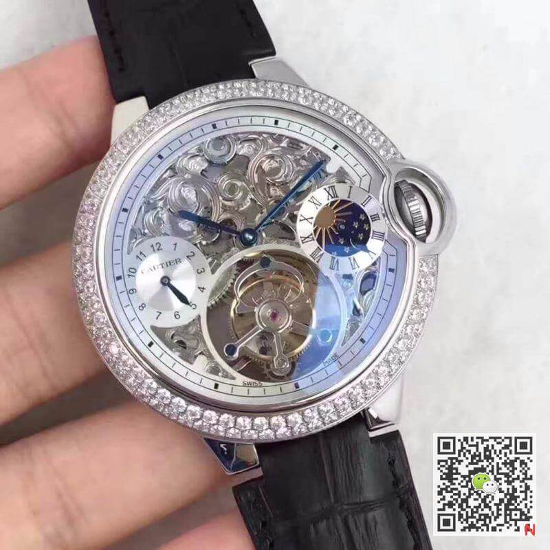 Replica Ballon Bleu De Ca*t1er Tourbillon 1:1 Best Edition Swiss Tourbillon D1am0nds bezel Black Leather Strap