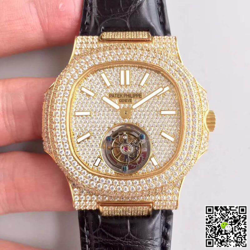 Pat*k Phi1i*pe Replica Nautilus Jumbo Tourbillon 1:1 Best Edition Swiss Tourbillon 18K Yellow Gold D1am0nd Dial