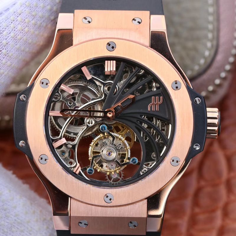 Replica Hublot Big Bang hollow tourbillon 1:1 Best Edition Swiss Seagull hand-winding tourbillon movement 18K Rose Gold