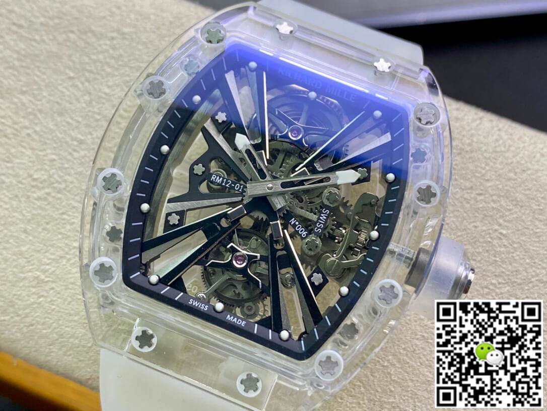 Replica Richard Mille RM12-01 1:1 Best Edition RM Factory Tourbillon Transparent Version White Strap