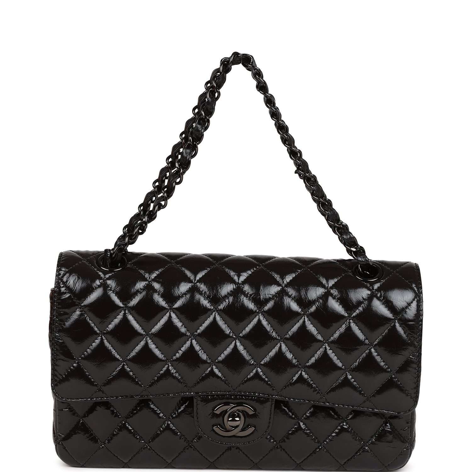 Ch**el Medium Classic Double Flap Bag SO Black Crumpled Calfskin Black Hardware