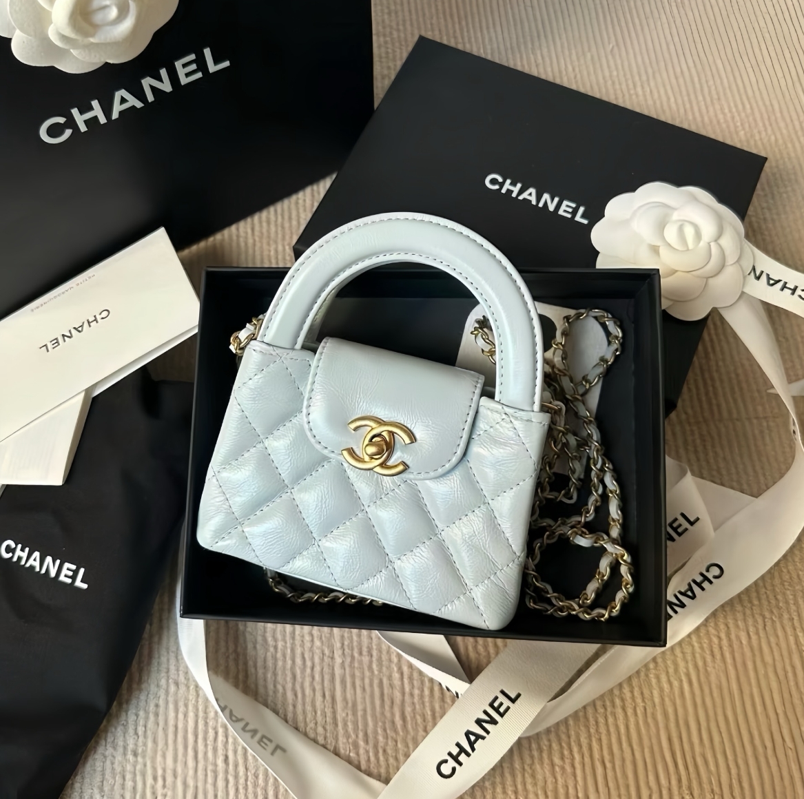 Ch**el 24P Kelly Gold Label Chain with Handle Glossy Calfskin Crossbody Shoulder Handbag Mint Teal